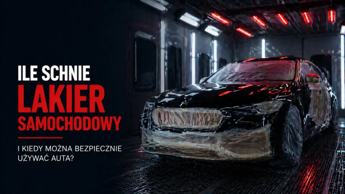 Czarny samochód w kabinie lakierniczej. Tekst: "Ile schnie lakier samochodowy?". Dowiedz się, ile czasu potrzebuje lakier, by bezpiecznie używać auta.
