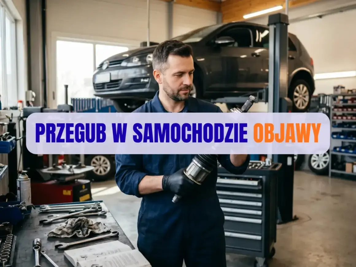 Mechanik w warsztacie samochodowym trzyma przegub. Na ekranie napis: "Przegub w samochodzie objawy".