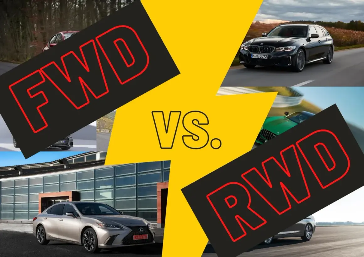 Porównanie aut z napędem FWD i RWD. Widoczne samochody: Lexus, BMW, zielony sportowy model.