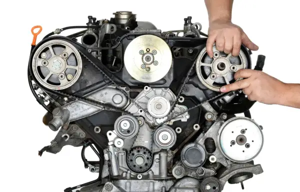 Fragment silnika samochodowego z paskiem rozrządu i kołami pasowymi, ręce mechanika.