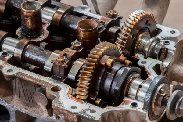 Widok na mechanizm rozrządu z widocznym kołem zmiennych faz rozrządu, wałkami i zębatkami, pokryty olejem.