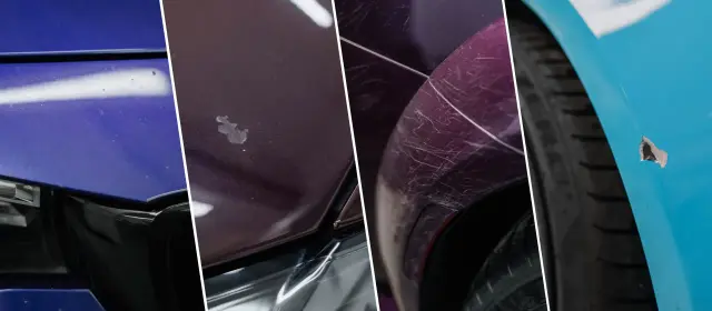 Różne rodzaje uszkodzeń lakieru samochodowego: drobne odpryski na niebieskim lakierze, plamki na fioletowym, liczne rysy na błotniku i większy odprysk na niebieskim.